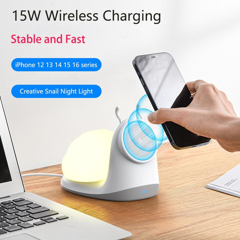 Cell Phone Magnetic Wireless Charger,Add Rechargeable Cute Snail Night Light for, 3 Level Dimmable, Suitable for Office and Room