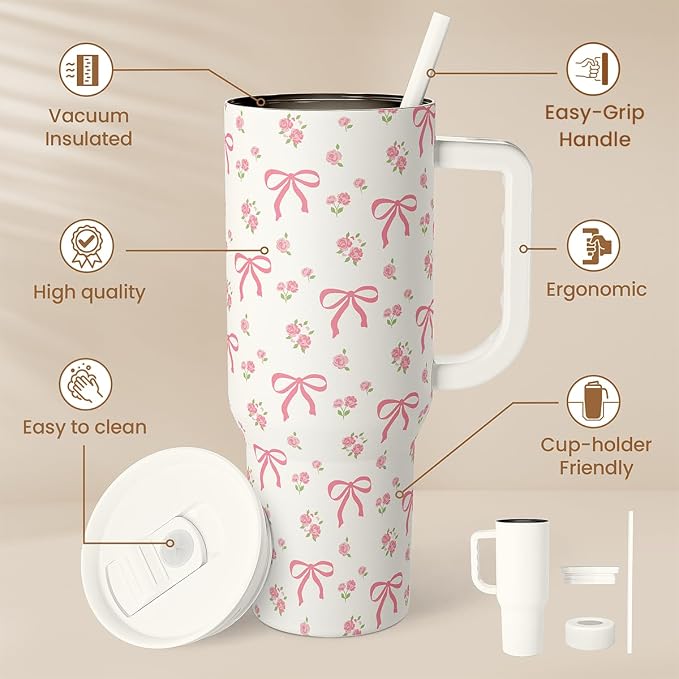 Bow Tumbler with Handle 40oz, Stainless Steel Insulated Tumblers Coffee Travel Cup with Slider Straw Lid, Gifts for Women Teen Girls Birthday