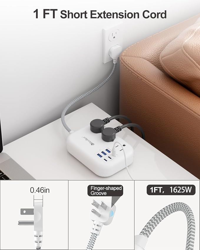 Short Extension Cord 1 Ft- 6 USB Travel Power Strip