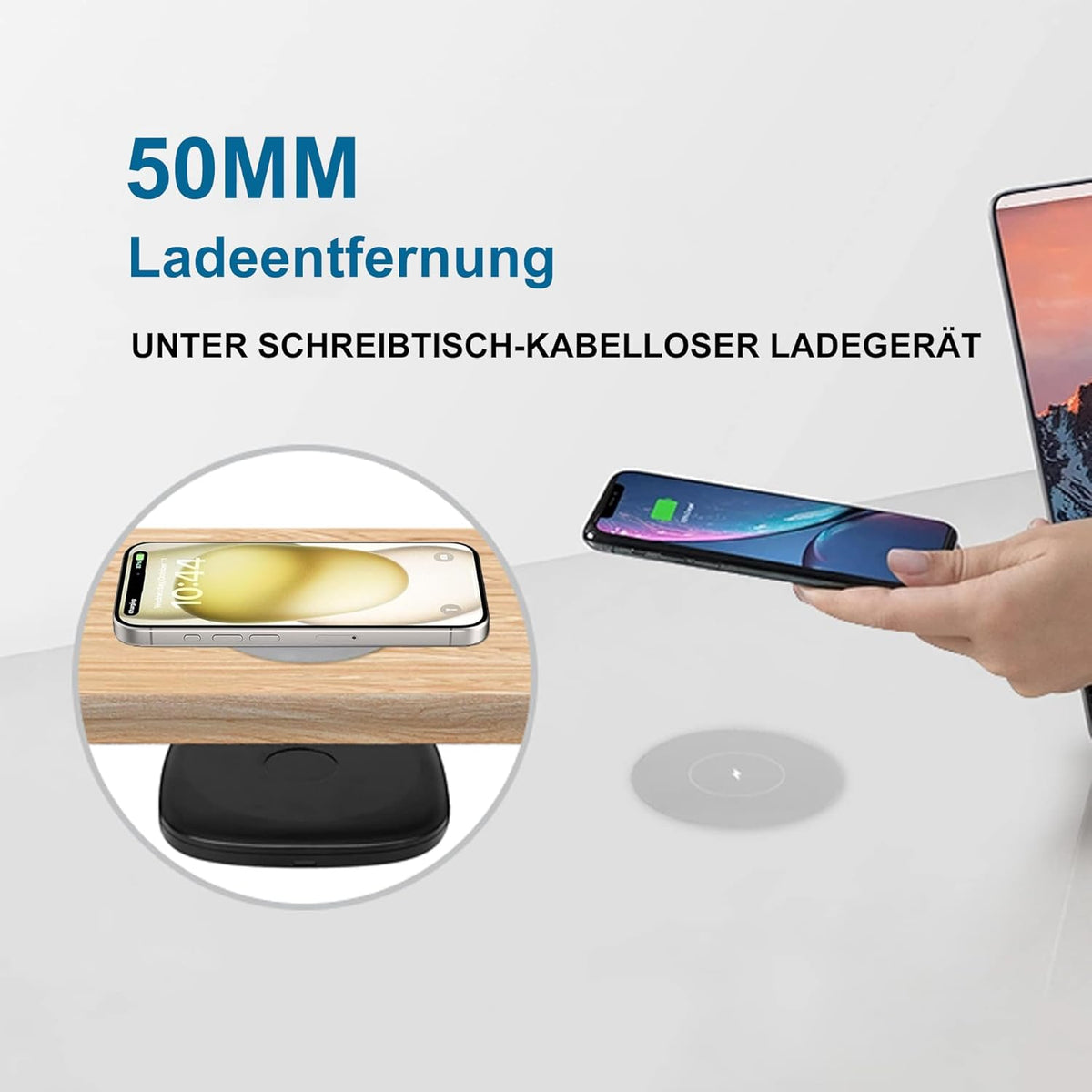 2-inch (50mm) NiiTTER Invisible Wireless Charger, Under Desk Wireless Charger, Hidden Charging Station for iPhone 16/15/14/13/12/Wireless Phones(Adapter Included)
