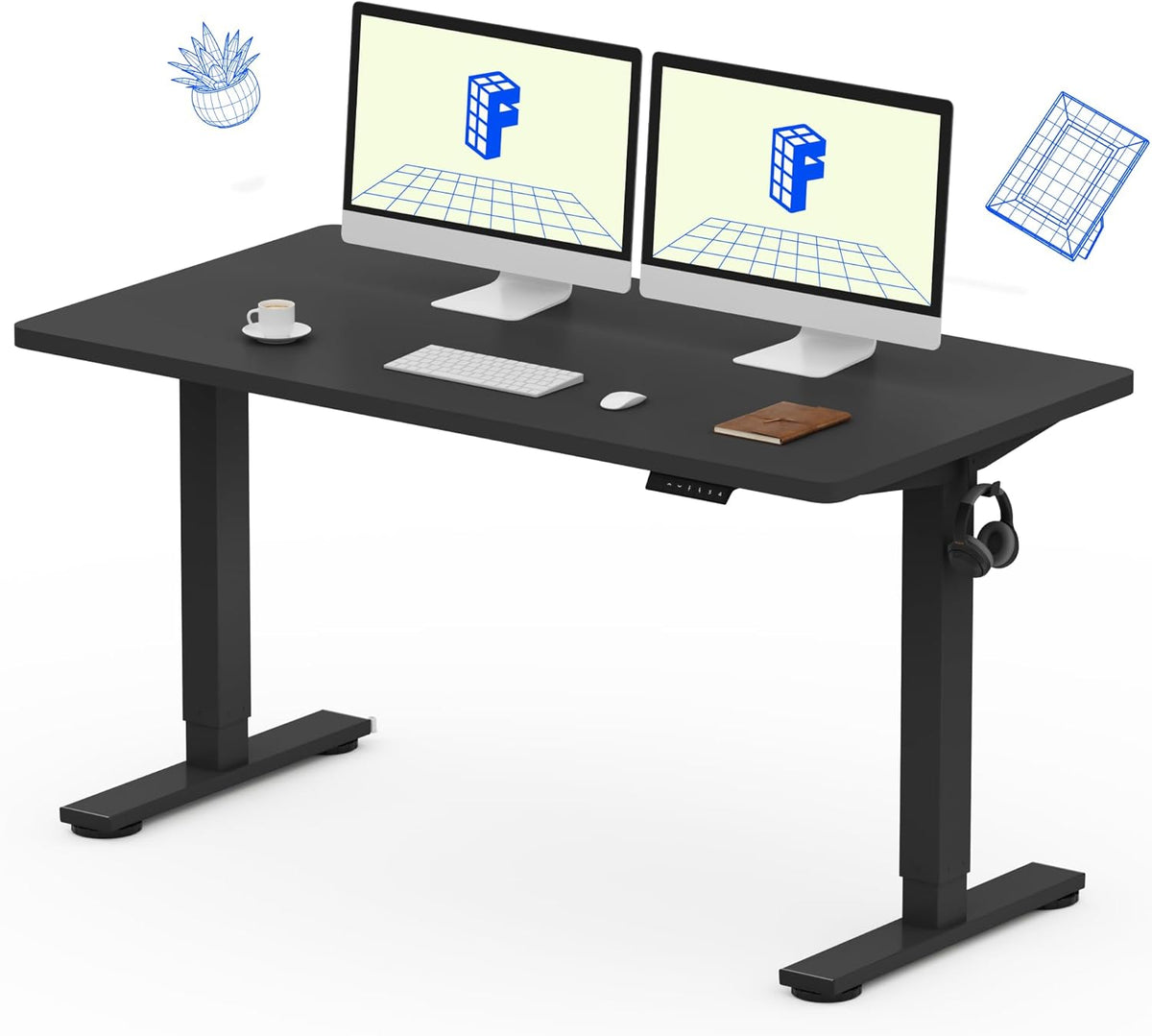 FLEXISPOT EN1 Whole Piece Standing Desk 55 x 28 Inches Stand Up Desk for Workstation and Home Office (Black Frame + 55" Black Top, 2 Packages)