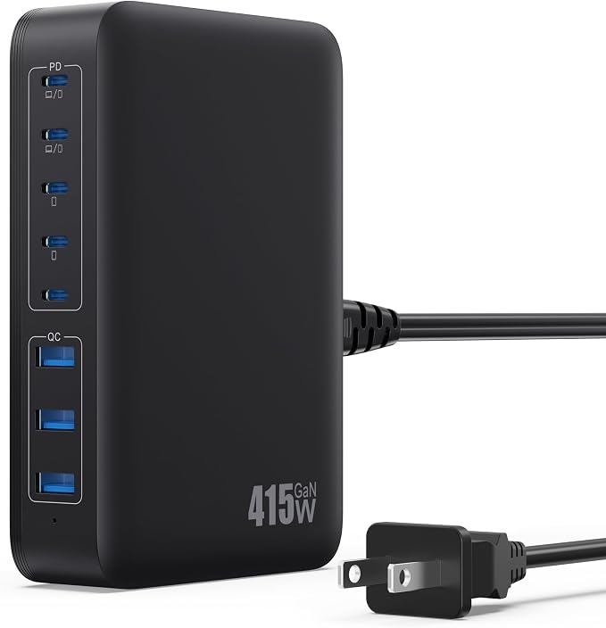 USB C Charger 415W USB C Charger Block, 8-Ports GaN IV Fast Charging Station Hub