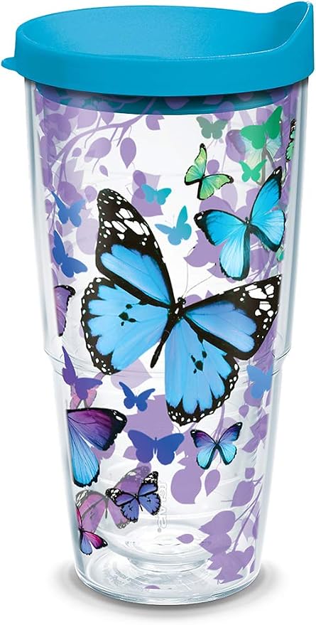 Tervis Blue Endless Butterfly Made in USA Double Walled Insulated Tumbler Travel Cup Keeps Drinks Cold & Hot, 24oz, Classic