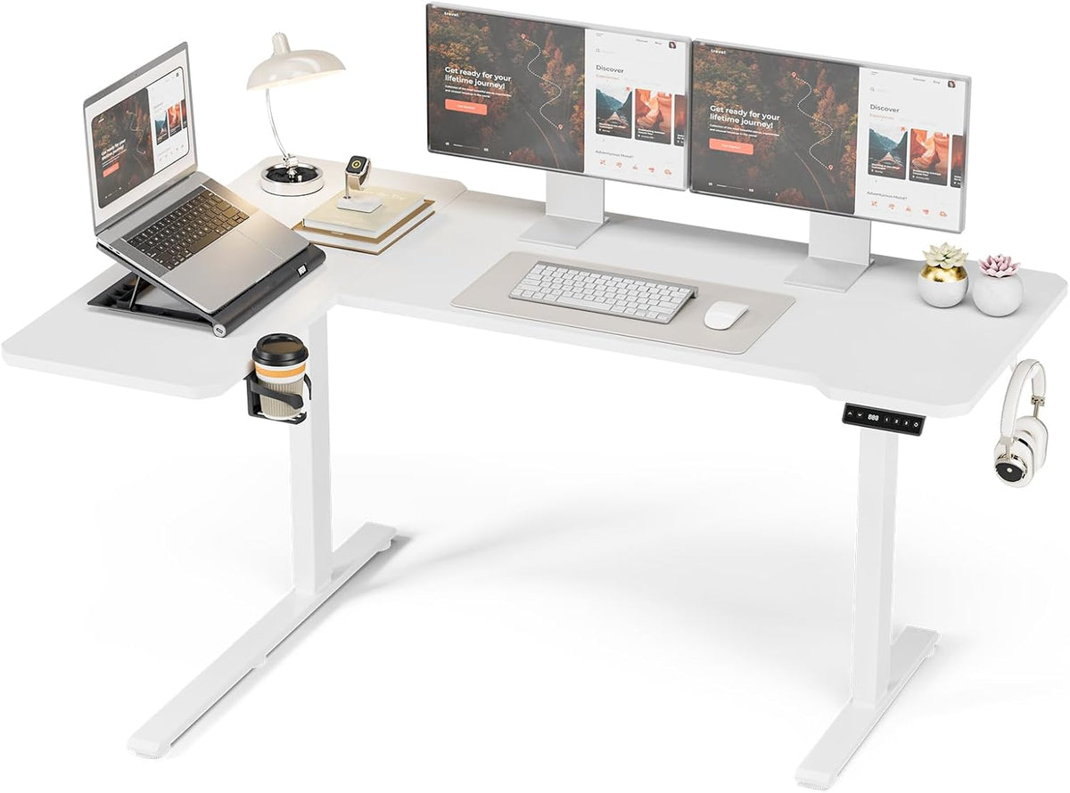59 Inch L Shaped Standing Desk Adjustable Height, Electric Corner Standing Desk, Sit Stand Computer Table with Reversiable Splice Board,White