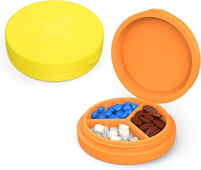 2 Pack Small Pill Box, 3 Compartment Round Silicone Travel Pill Box