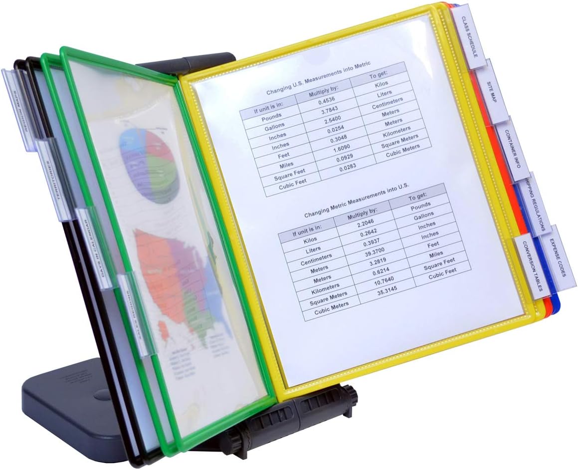 Ultimate Office AdjustaView 10-Pocket Desk Reference Organizer with Easy-Load Pockets and Compact Weighted Base for Maximum Stability (Colored Pockets)