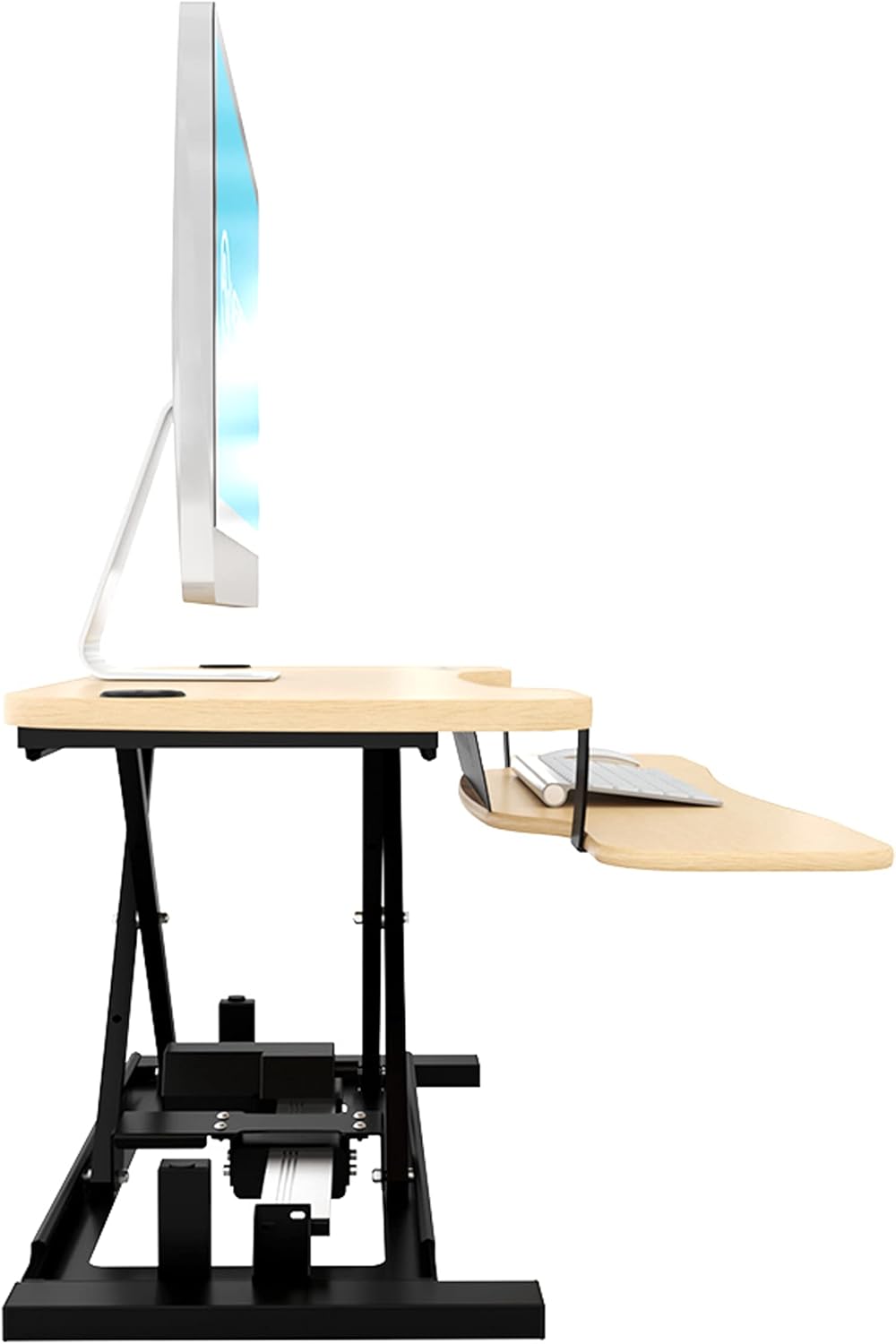 VERSADESK® PowerPro™ Elite 36” x 24" – App Controlled Electric Standing Desk Converter w/USB Charging Port. Raises up to 20”. Fully Assembled – Includes LED Lights. Supports 80 lbs. – Maple