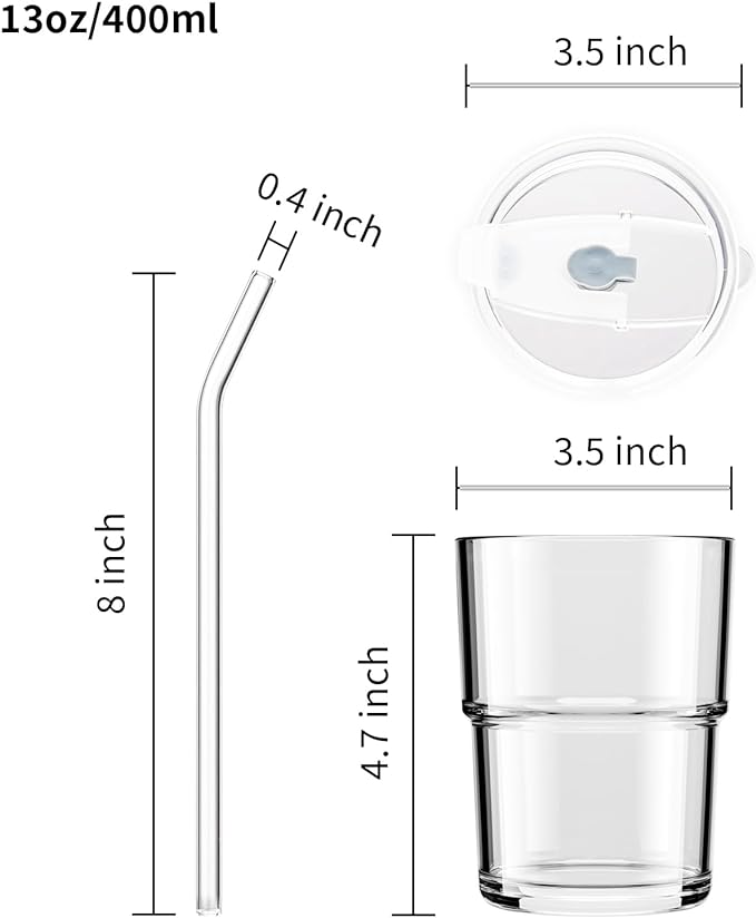 BLUEPOLAR 13 oz Tumbler Water Glass, Water Bottle with Straw and Dustproof Lid, Coffee Ice Cup Double Wall Insulated Glass Cup (White-4pack)