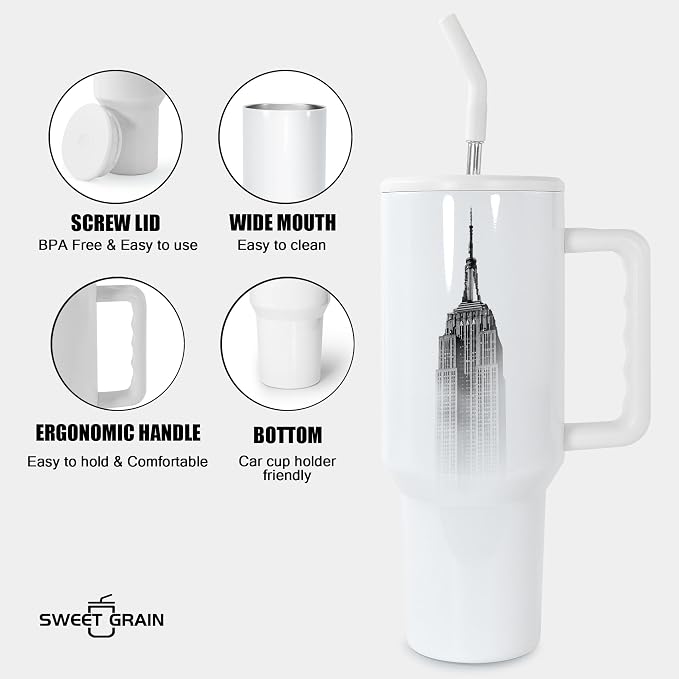 sweet grain 40 oz Sublimation Tumbler with Handle and Straw(20 Pack) Stainless Steel Double Wall Vacuum Insulated Travel Mug Cup Tumblers Bulk Sublimation Blank - White