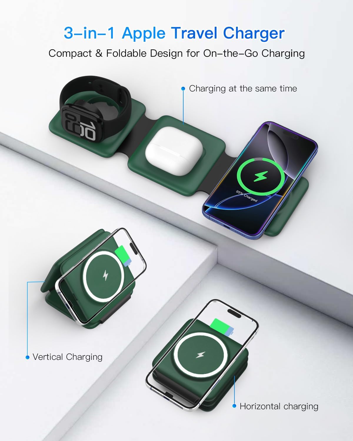 3 in 1 Wireless Charger for iPhone - Foldable Charging Station Travel Charging Dock Compatible with iPhone 16 15 14 13 12 Pro Max Plus Watch & Airpods