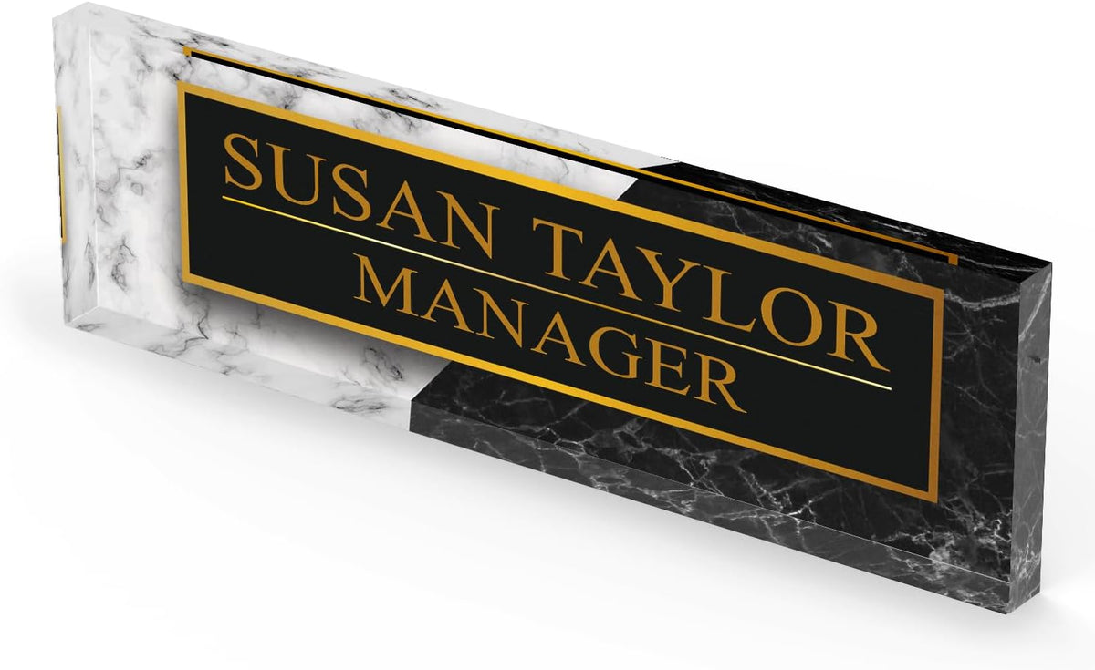 Artblox Personalized Office Desk Name Plate and Business Card Holder | Clear Acrylic Glass with Teak Wood Stand | Black White Marble Design Customized with Your Name and Credentials Office Desk Decor