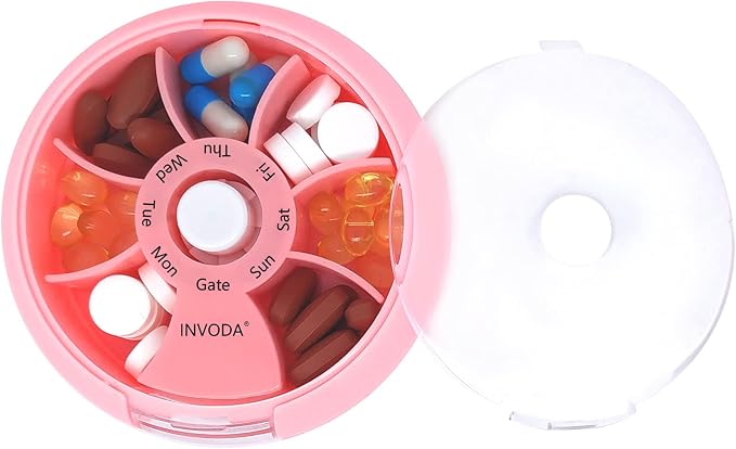 INVODA Weekly Pill Organizer 7 Compartment Rotating Pill Box