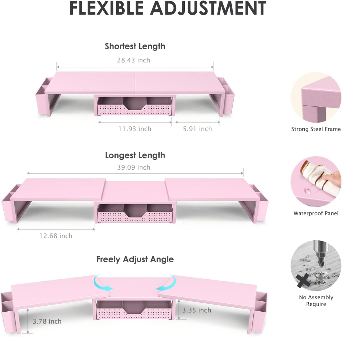 Pink Desk Organizers and Accessories for Women, Dual Computer Monitor Stand Riser with Drawer and 2 Pen Holders, Office Desk Accessories, Workspace Desktop Organization for Office Supplies