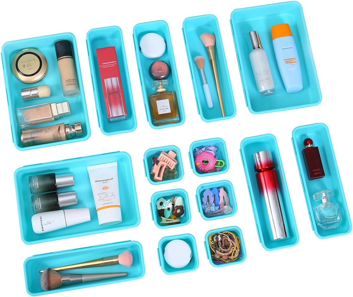 15 PCS Interlocking Desk Drawer Organizer Separator for Office,Bathroom,Kitchen,Makeup（Blue&Green）