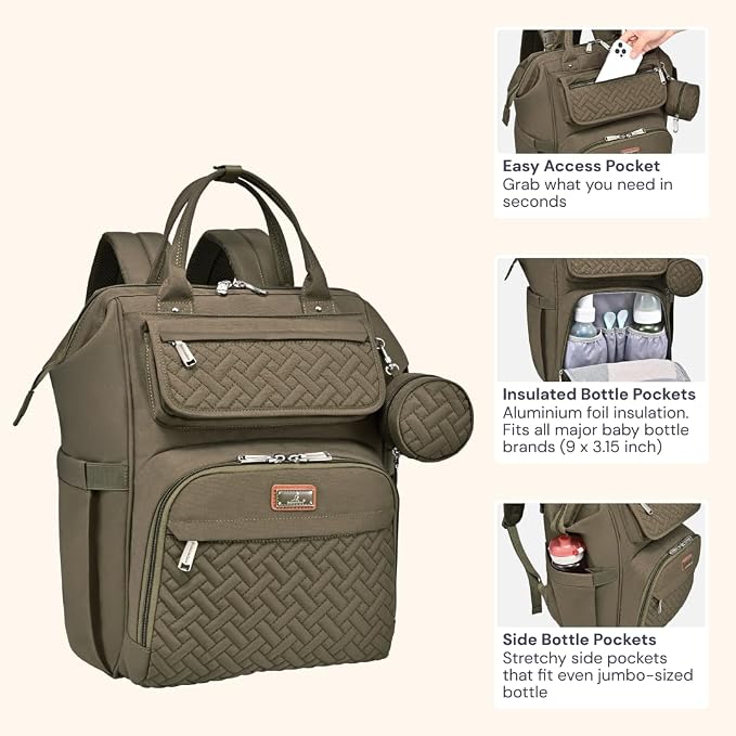 BabbleRoo Diaper Bag Backpack, Stroller Straps & Pacifier Case, Unisex Stylish