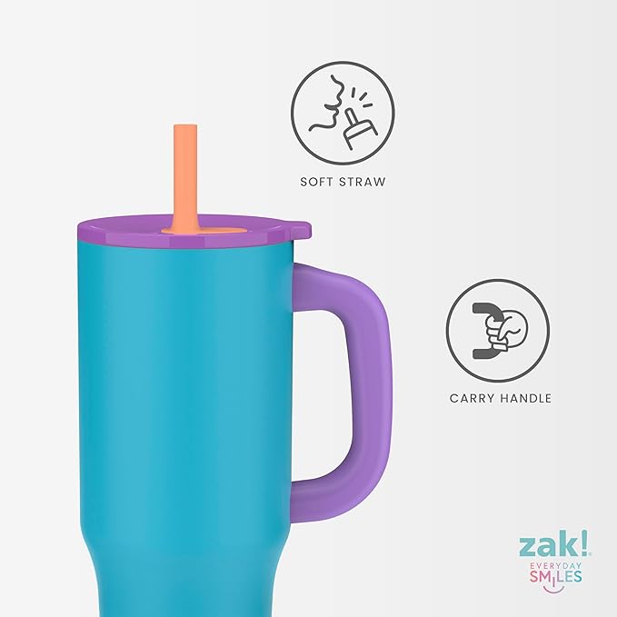 Zak Designs Sutton Travel Tumbler for On the Go, 40oz Stainless Steel with Vacuum Insulation, Silicone Straw, and Carry Handle for Cold Drinks (Cream White)