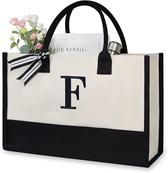 TOPDesign Embroidery Initial Canvas Tote Bag, Personalized Present Bag