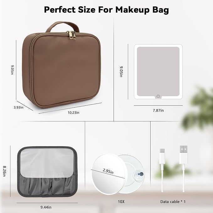 Travel Makeup Bag with LED Mirror and 10x magnifying glass with 3 Lighted