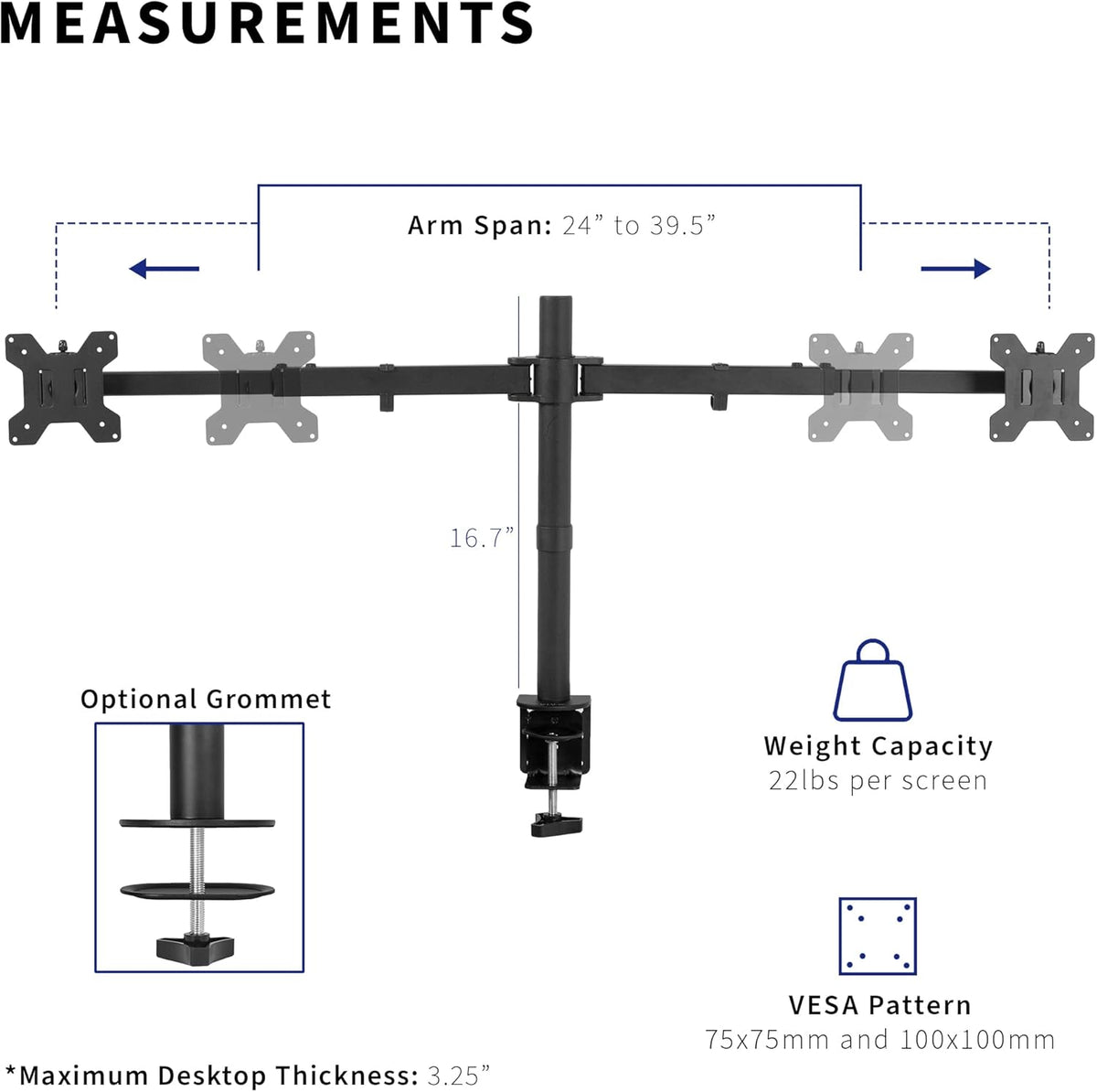 VIVO Premium Dual Ultra Wide LCD LED 27 to 38 inch Monitor Desk Mount, Heavy Duty, Adjustable Telescoping Arms, Flush Wall Setup, Fits 2 Screens, Black, STAND-TS38C