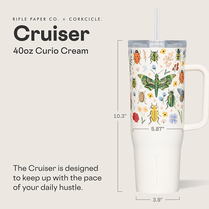 Corkcicle x Rifle Paper Co. Cruiser Insulated Tumbler with Handle & Straw - Keeps Drinks Cold 20 Hours - BPA-Free - Gift for Mom - Great for Mother's Day or Christmas - 40 oz - Curio Cream