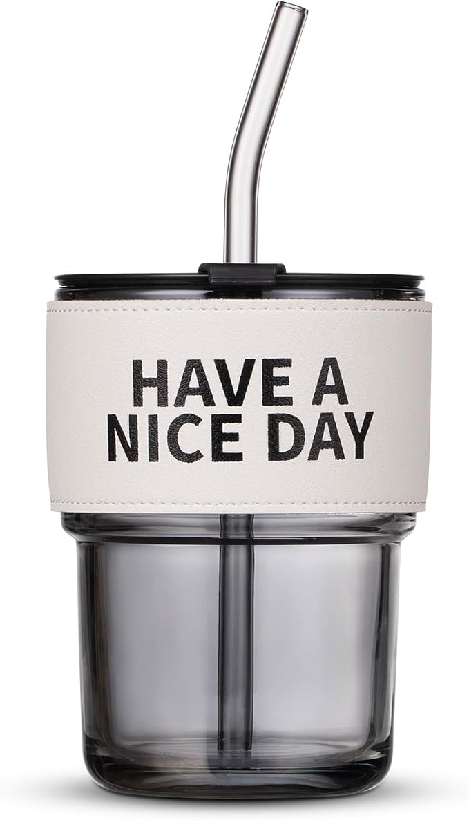 BLUEPOLAR 13oz/400ml Glass Water Tumbler with Straw and Lid Sealed Carry on Thick Wall Iced Coffee Cup for Water, Iced Tea, Fruit Juice (Have a Nice Day)