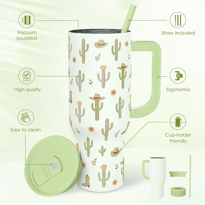 SANDJEST Cactus 40oz Tumbler with Handle and Straw, Insulated Stainless Steel Travel Coffee Mug for Women Girls, Gift Idea for Birthday Christmas Mothers Day