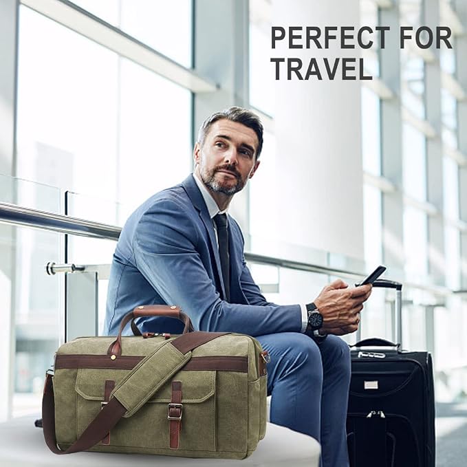 Duffle Bag for Men Waterproof Genuine Leather Canvas Travel Duffel Bags for