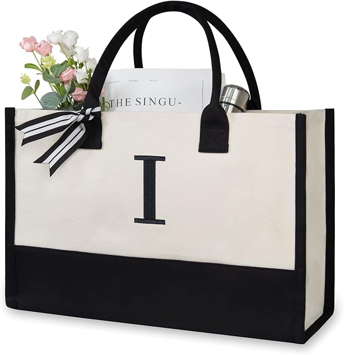 TOPDesign Embroidery Initial Canvas Tote Bag, Personalized Present Bag