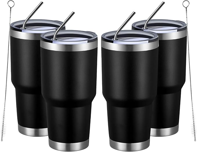 MEWAY 30oz Insulated Tumbler With Lids and Straws,Stainless Steel Double Vacuum Coffee Tumbler Cup, Brush, Durable Powder Coated Coffee Cup for Cold & Hot Drinks, Office, Travel(Black,4 PACK)