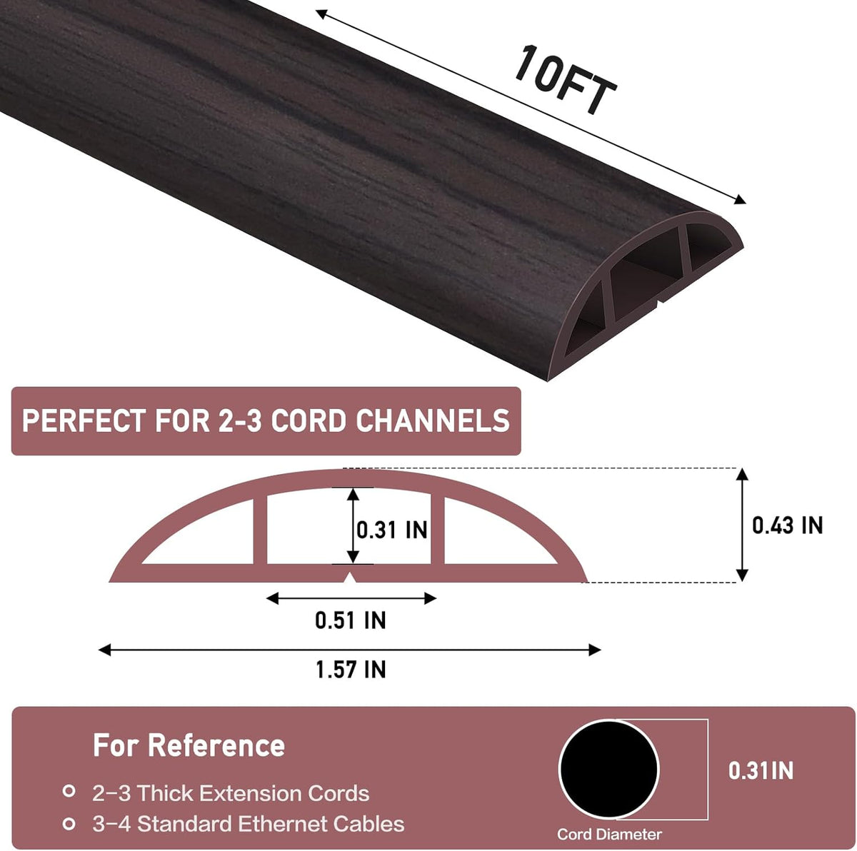 Floor Cord Cover Self Adhesive Cord Hider Floor Extension Cord Covers for Floor Power Cord Protector Cable Management Prevent Cable Trips Cable Cavity 0.51" W x 0.31" H (Dark Walnut, 10Ft)