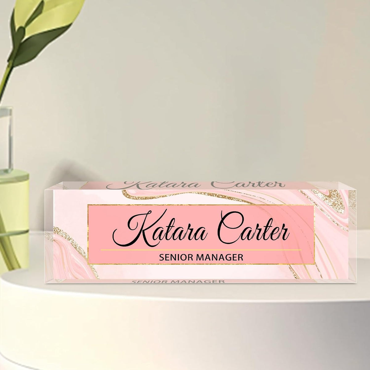 Name Plate for Desk Personalized, Acrylic Desk Decorations, Employee Appreciation Gifts, Custom Office Gifts for Coworkers, Boss, Teacher, Nurse (Pink Gold Marble)