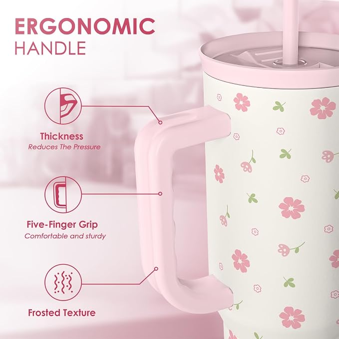 Floral 40oz Tumbler with Handle and Straw – Flowers Insulated Stainless Steel Travel Coffee Mug for Women Girls - Gift Idea for Birthday Christmas Mothers Day