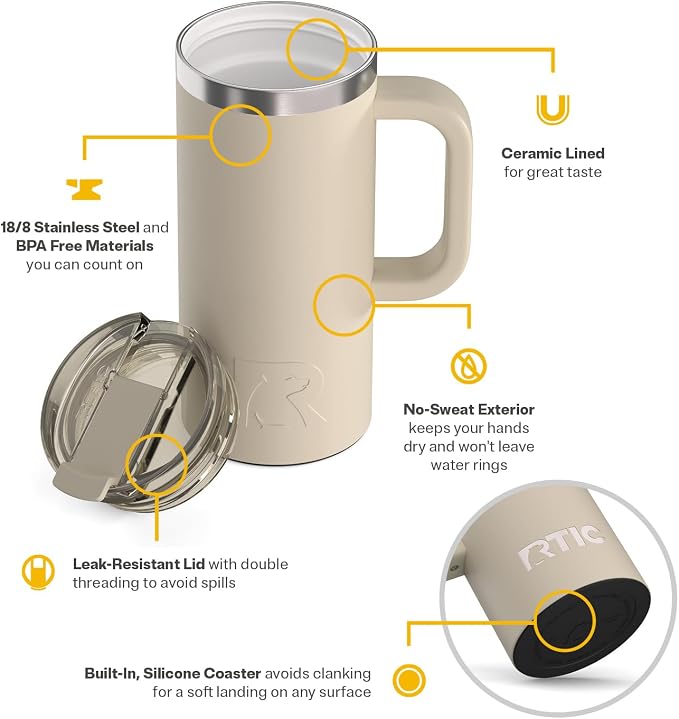 RTIC 16oz Road Trip Travel Mug with Lid and Handle, Ceramic Lined, Insulated, Stainless Steel, Metal, Double Wall Vacuum-Insulation, Portable Coffee, Tea Cup for Hot and Cold Drink, Beach