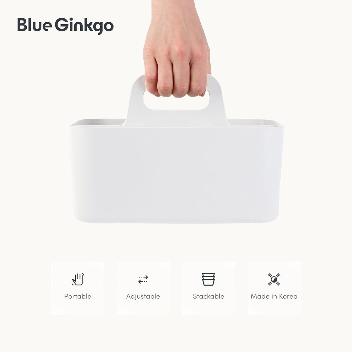 BLUE GINKGO Stackable Organizer Caddy – Korean-Made Portable Tote for Bathroom, Office, Crafts, or School Supplies (Rectangle, White)