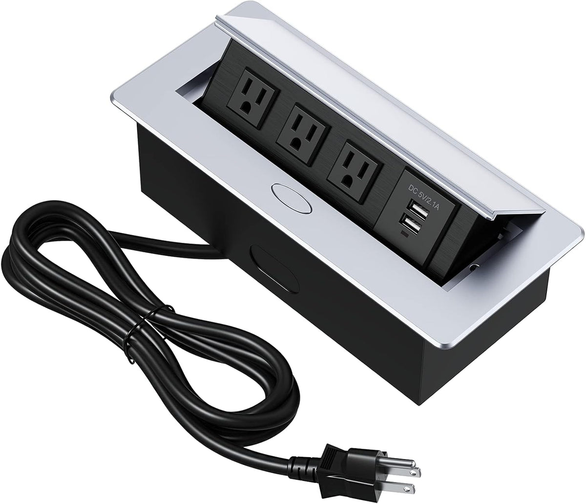 KYHSHJ Connection Box Desktop Pop Up Outlet with 2 USB Ports & 3 Outlets (Silver)