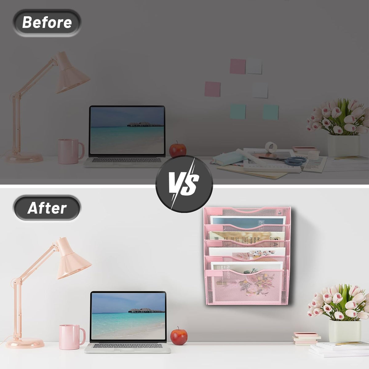 EASEPRES 5 Pocket Mesh Hanging Wall File Organizer, Wall Mounted Mail Paper Document Folder Holder, Clipboard Storage Organization Magazine Rack with Nametag Label for Office Home School, Pink