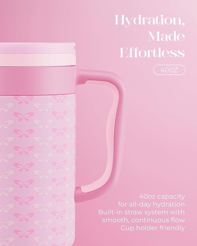 40 oz Insulated Tumbler with Handle and Push-Button Straw Lid, Stainless Steel Travel Cup for Gym Office, Leakproof, BPA-Free, Cup Holder Friendly, Bow Silicone Boot, Pink (Coquette Candy)