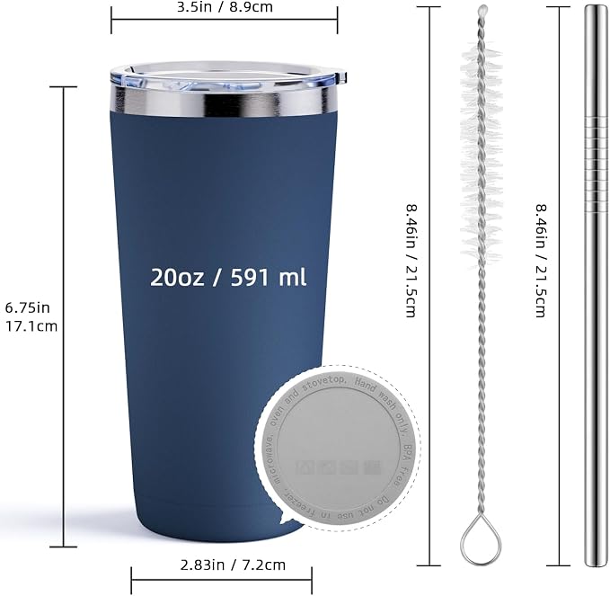 GGQ 20oz Travel Coffee Tumbler Food-Grade 304 Stainless Steel Vacuum Insulated Double Wall Leak-Proof Lid Reusable Straw Hot and Cold Drinks Cup Holder Friendly (Navy Blue)