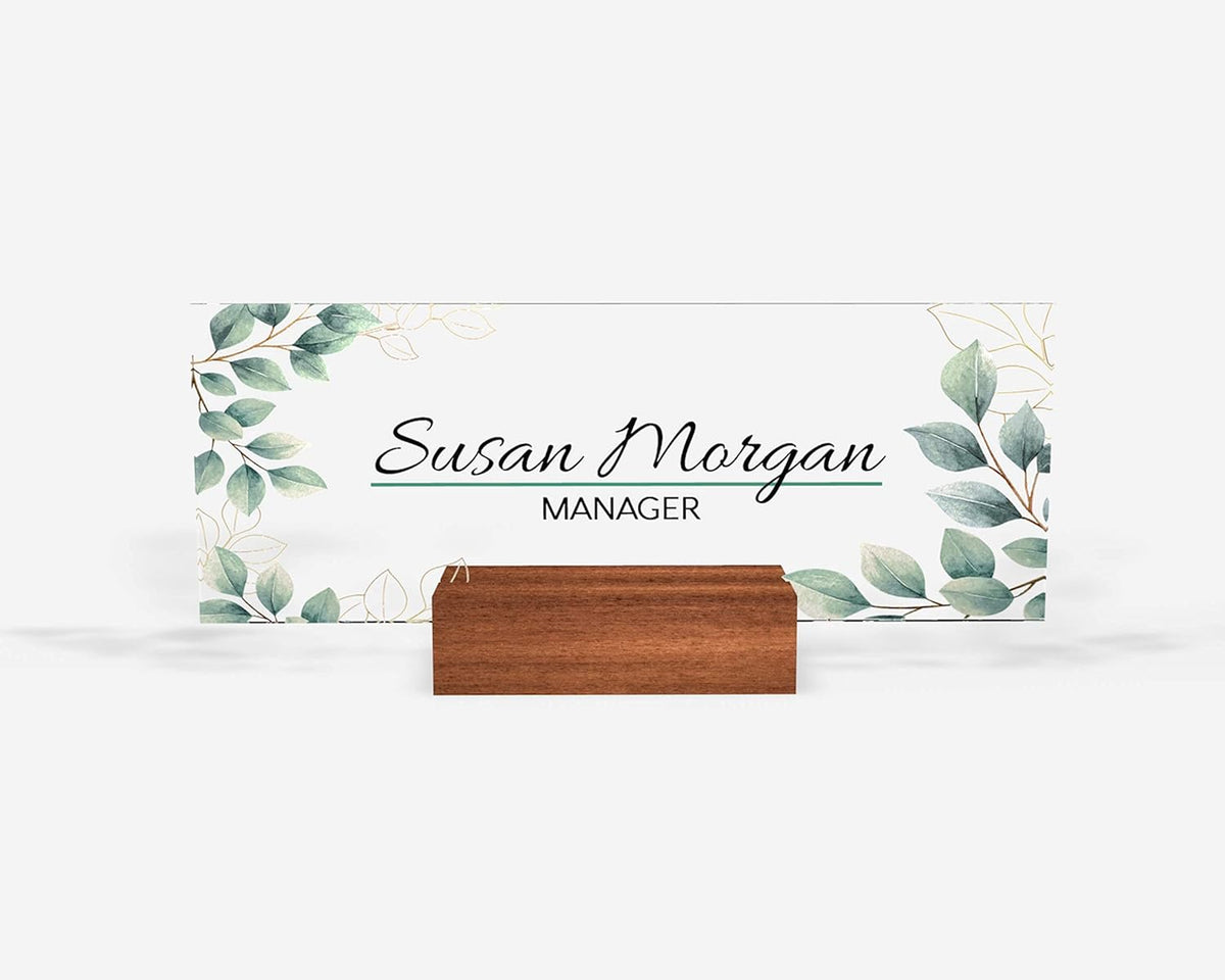 Personalized Name Plate for Nameplate Sign Modern Office Business Decor Executive Desk Name Plate Desk Name Sign Flower Floral green Leaves metallic foil (8"x3")