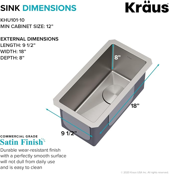 KRAUS Standart Pro 10-inch Undermount Single Bowl 16 Gauge Stainless Steel Bar