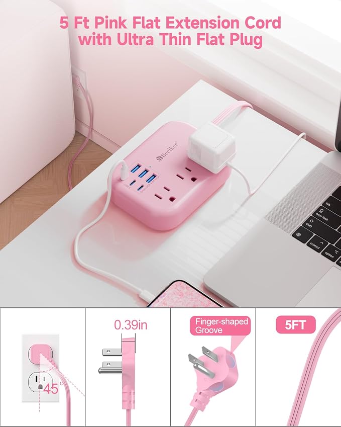 6 USB Pink Power Strip- 5Ft Pink Extension Cord