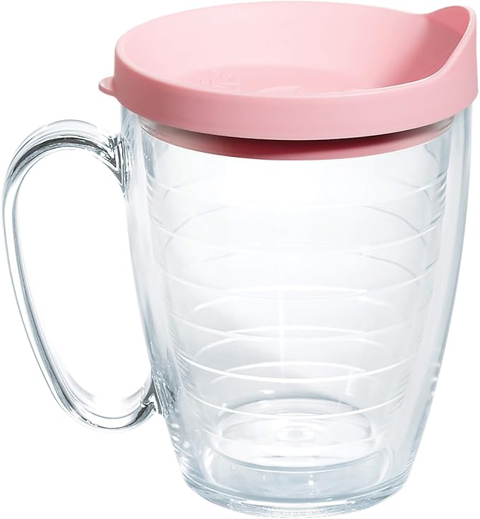 Tervis Clear & Colorful Lidded Made in USA Double Walled Insulated Tumbler Travel Cup Keeps Drinks Cold & Hot, 16oz Mug, Pink Lid