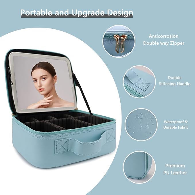 Makeup Bag with Led Mirror, Travel Makeup Organizer with 3 Color Setting & 10X