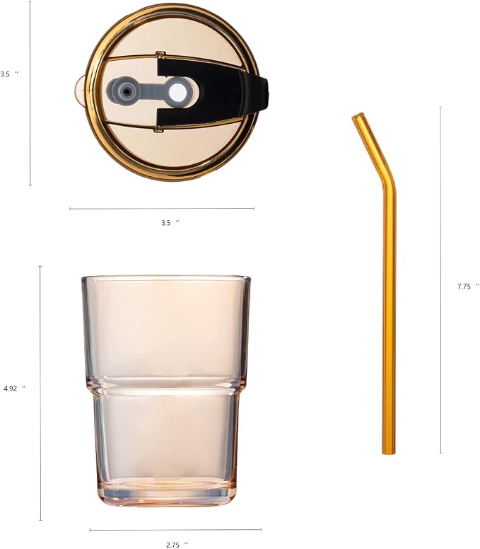 BLUEPOLAR 13oz/400ml Tumbler Water Glass, Cups with Straw and Lid Sealed Carry on for Coffee, Iced Tea, Thick Wall Insulated Glass Cup（Amber 2-Pack）