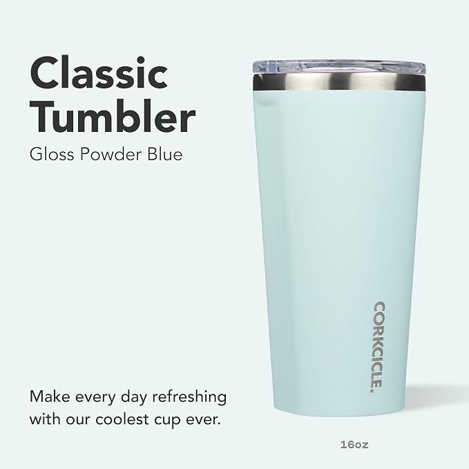 Corkcicle Classic Tumbler - Keeps Drinks Hot for 3 Hours - Triple-Insulated Stainless Steel - Cupholder Friendly - Holiday Mug Gift - Great for Gifting Warmth - 24 oz - Gloss Powder Blue