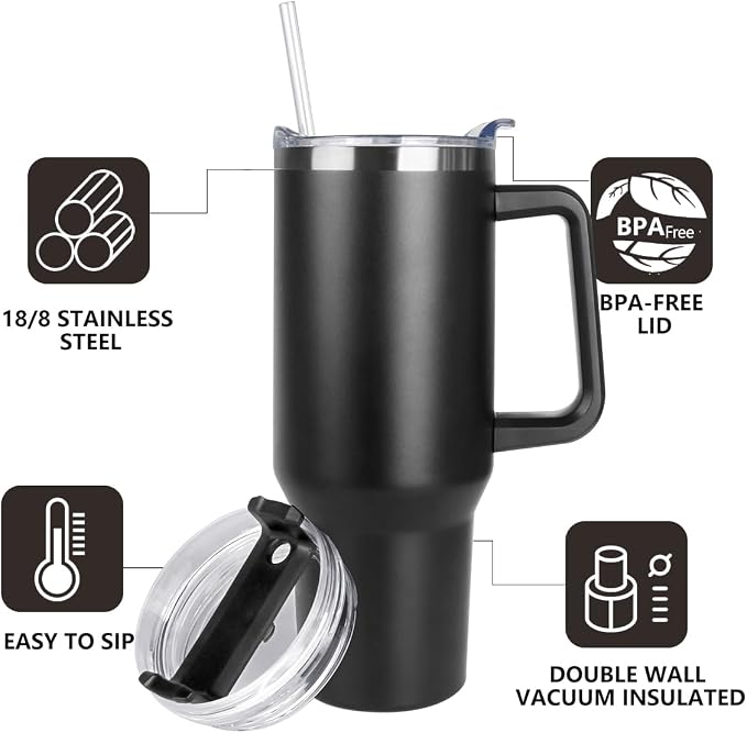 SYACOT 40 oz Tumbler with Handle and Straw Stainless Steel Insulated Tumbler Leak Proof Lid and Straw Lid Reusable Travel Mug Coffee Mug Cup Dishwasher Safe Keep Drinks Cold and Hot (Magic Black)