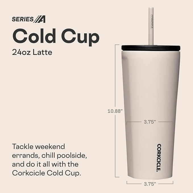 Corkcicle Cold Cup Insulated Tumbler with Straw - Keeps Drinks Cold for 12 Hours - Triple-Insulated Stainless Steel - Leak-Resistant Lid - Summer Drinkware Gift - 24 oz - Latte