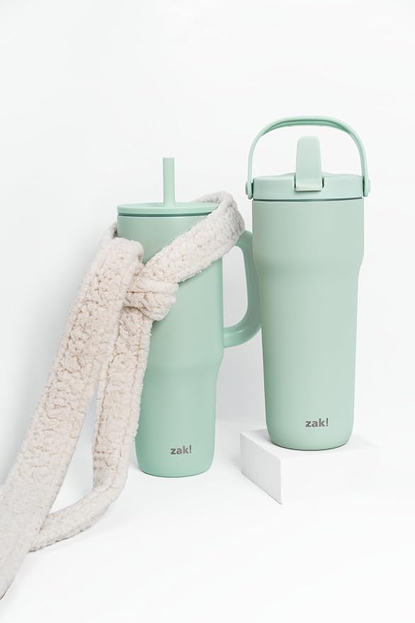 Zak Designs Sutton Travel Tumbler for On the Go, 30oz Stainless Steel with Vacuum Insulation, Straw Spout, Carry Handle for Cold Drinks (Icicle Mint Green)