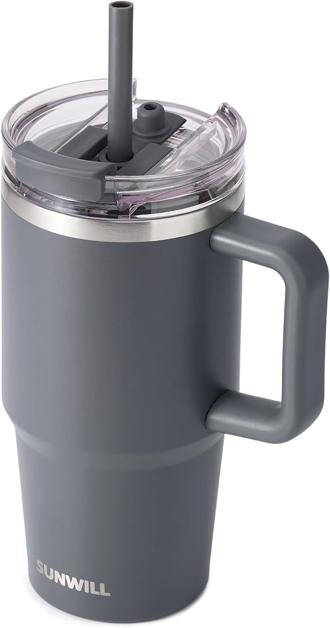 SUNWILL Coffee Tumbler with Handle, 20 oz Travel Mug with Lid and Straw Insulated, Stainless Steel Cup Leak Proof for Travel & Outdoor, Cupholder Friendly, Powder Coated Charcoal