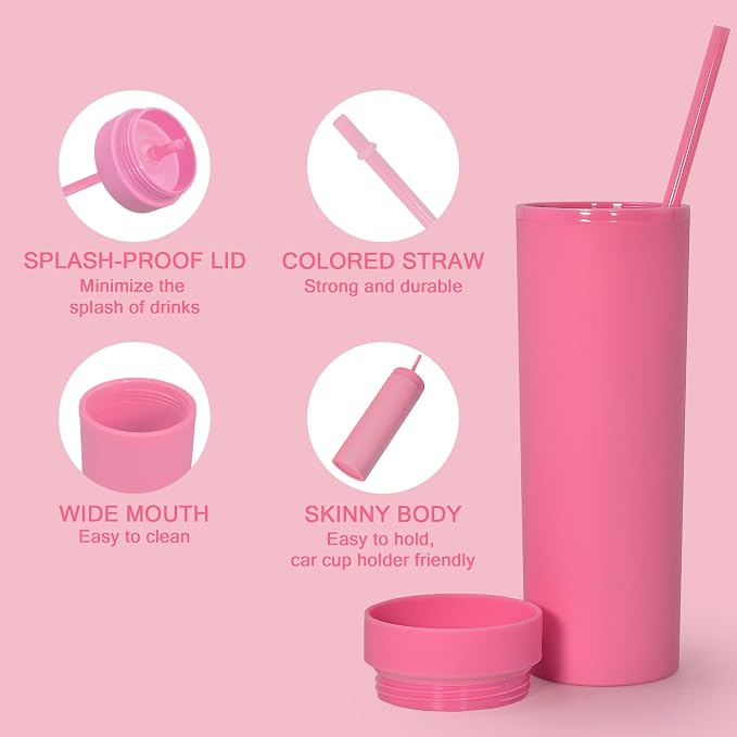 sweet grain Skinny Tumblers with Lids and Straws(6 Pack) - 16oz Matte Pastel Colored Skinny Acrylic Tumblers, Double Wall Plastic Tall Skinny Tumblers Bulk for Cold Hot Drinks - Pink